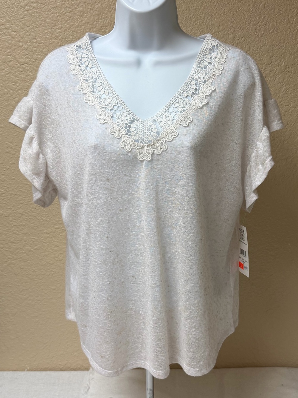 4/$20 89th & Madison Cream Lace-Trim V-Neck Short Sleeve Top